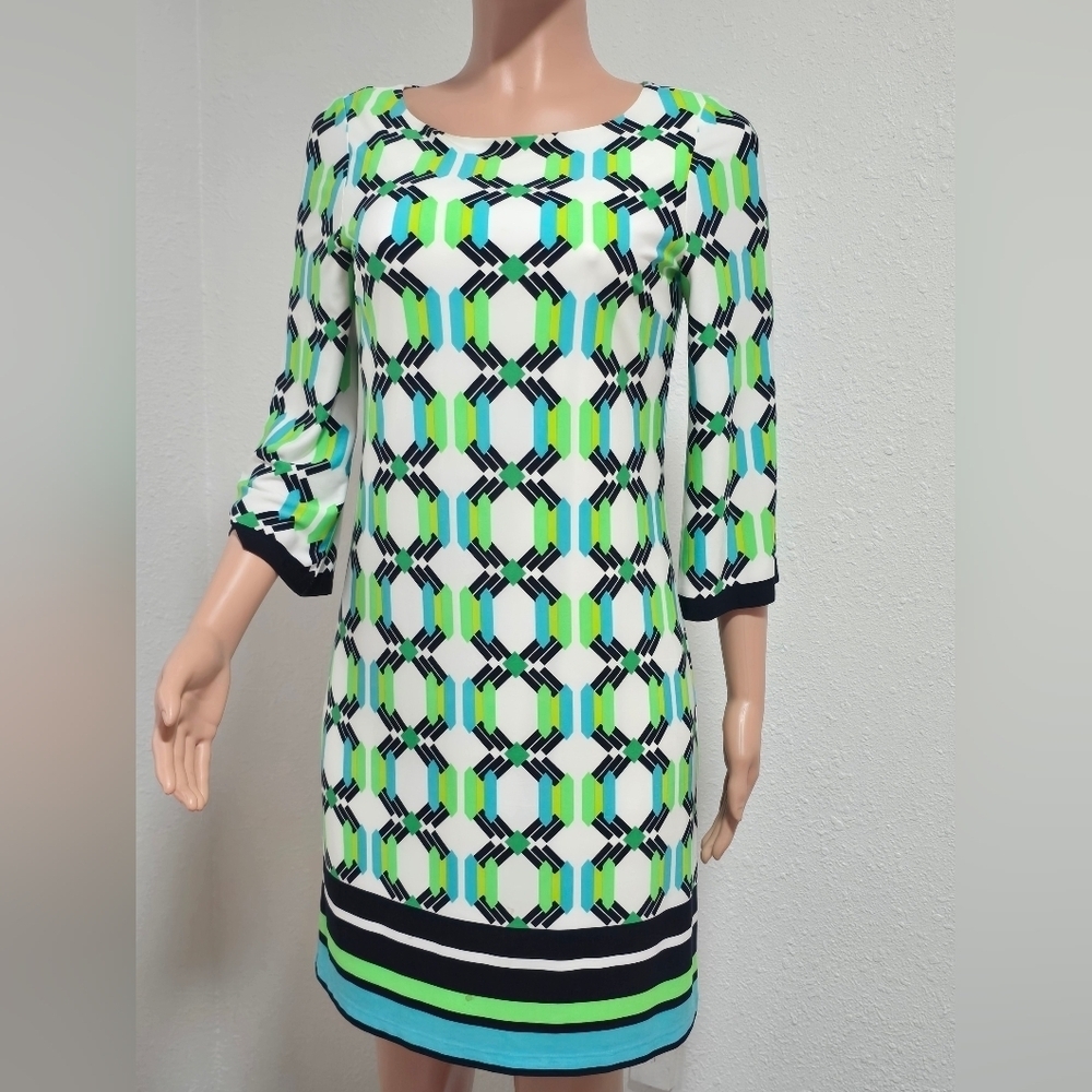Jessica Howard Green and Blue Sheath Dress with Cuffed 3/4 Sleeves